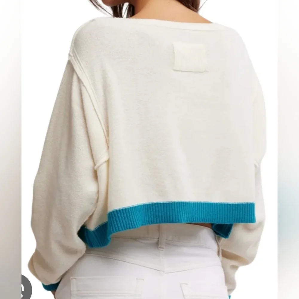 Free People Cream Cropped Sweater with Teal Trim - Picture 2 of 16
